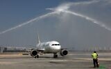 Illustrative: A Gulf Air A320 airplane coming from the Bahraini capital Manama is welcomed as it arrives at Ben Gurion Airport near Tel Aviv on September 30, 2021. (Photo by EMMANUEL DUNAND / AFP)