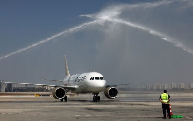 Illustrative: A Gulf Air A320 airplane coming from the Bahraini capital Manama is welcomed as it arrives at Ben Gurion Airport near Tel Aviv on September 30, 2021. (Photo by EMMANUEL DUNAND / AFP) Illustrative: A Gulf Air A320 airplane coming from the Bahraini capital Manama is welcomed as it arrives at Ben Gurion Airport near Tel Aviv on September 30, 2021. (Photo by EMMANUEL DUNAND / AFP)