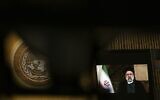 Illustrative: Iran's President's Ebrahim Raisi remotely addresses the 76th Session of the UN General Assembly on September 21, 2021, at UN headquarters in New York City. (Eduardo Munoz-Pool/Getty Images/AFP)