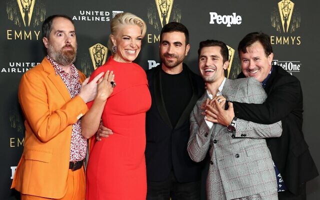 (L-R) Ted Lasso's Brendan Hunt, Hannah Waddingham, Brett Goldstein, Phil Dunster, and Jeremy Swift attend the Television Academy's Reception to Honor 73rd Emmy Award Nominees at Television Academy on September 17, 2021 in Los Angeles, California. (Matt Winkelmeyer/Getty Images/AFP) (L-R) Ted Lasso's Brendan Hunt, Hannah Waddingham, Brett Goldstein, Phil Dunster, and Jeremy Swift attend the Television Academy's Reception to Honor 73rd Emmy Award Nominees at Television Academy on September 17, 2021 in Los Angeles, California. (Matt Winkelmeyer/Getty Images/AFP)