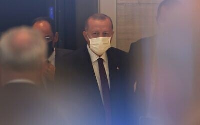 Turkish President Tayyip Erdogan prepares to leave the Turkish Consulate General en route to the United Nations on September 21, 2021 in New York City. (Michael M. Santiago/Getty Images N. America/Getty Images via AFP)