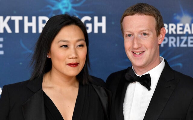 Priscilla Chan and Mark Zuckerberg attend the 2020 Breakthrough Prize Red Carpet at NASA Ames Research Center on November 03, 2019 in Mountain View, California. (Ian Tuttle/Getty Images for Breakthrough Prize/JTA) Priscilla Chan and Mark Zuckerberg attend the 2020 Breakthrough Prize Red Carpet at NASA Ames Research Center on November 03, 2019 in Mountain View, California. (Ian Tuttle/Getty Images for Breakthrough Prize/JTA)