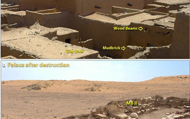 Example of catastrophic leveling of the palace at Tall el-Hammam. Image A shows an artist's evidence-based reconstruction of the 4-to-5-story palace  and Image B  shows that millions of mudbricks from the upper parts of the palace and other buildings are missing. (Creative commons)