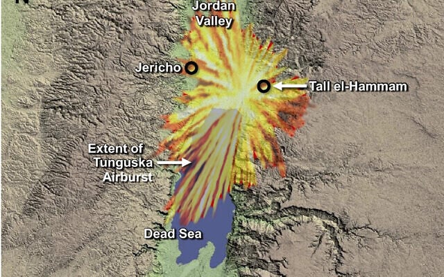 The extent of the cosmic airburst at Tunguska, Siberia (1908), superimposed on the Dead Sea area.