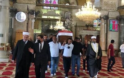 A funeral for a Jordanian soldier killed in 1967, at Jerusalem al-Aqsa Mosque compound on September 6, 2021. (WAFA)