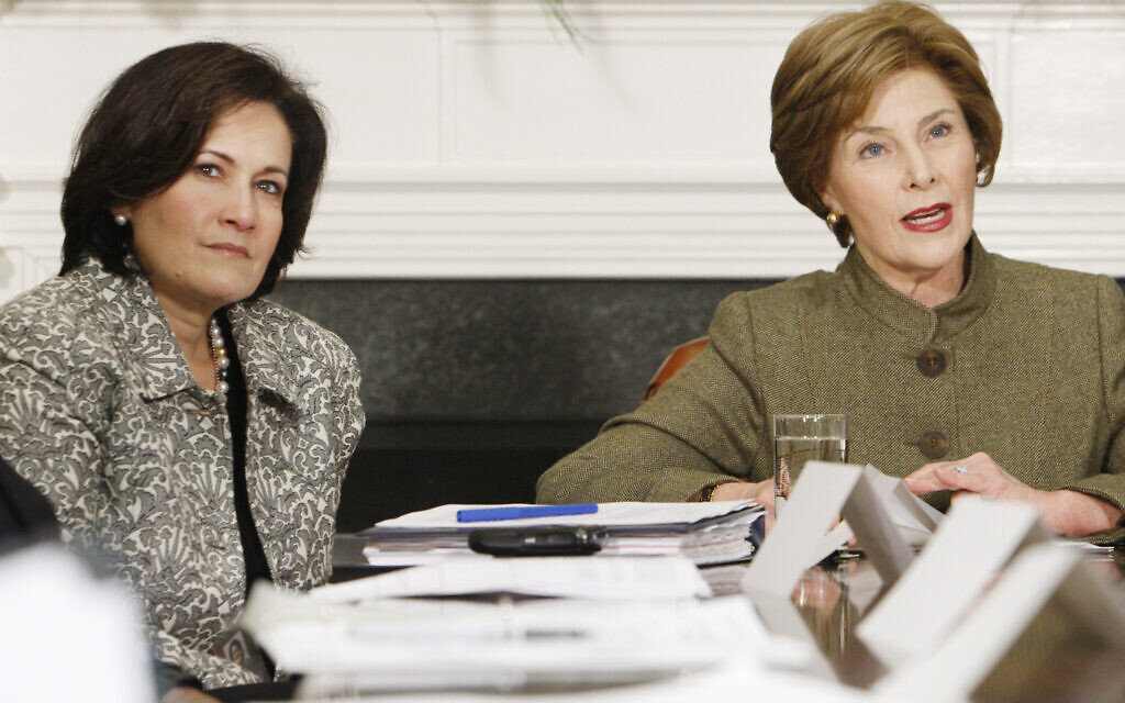 Anita McBride, left, Chief of Staff to first lady Laura Bush, right, looks on as Mrs. Bush makes opening remarks during a video teleconference in the Roosevelt Room of the White House in Washington, Monday, Dec. 10, 2007. (AP Photo/Charles Dharapak) Anita McBride, left, Chief of Staff to first lady Laura Bush, right, looks on as Mrs. Bush makes opening remarks during a video teleconference in the Roosevelt Room of the White House in Washington, Monday, Dec. 10, 2007. (AP Photo/Charles Dharapak)