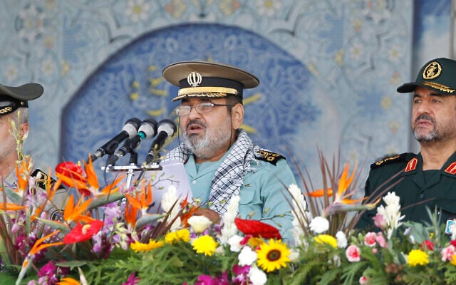 Then-chief of the General Staff of Iran's Armed Forces, General Hasan Firouzabadi, center, delivers a speech, as Revolutionary Guard commander Mohammad Ali Jafari, right, and army commander Ataollah Salehi, listen, during armed forces parade marking the 31st anniversary of the start of the Iraq-Iran War, in front of the mausoleum of the late Iranian revolutionary founder Ayatollah Khomeini, just outside Tehran, Iran, September 22, 2011. (AP Photo/Vahid Salemi) Then-chief of the General Staff of Iran's Armed Forces, General Hasan Firouzabadi, center, delivers a speech, as Revolutionary Guard commander Mohammad Ali Jafari, right, and army commander Ataollah Salehi, listen, during armed forces parade marking the 31st anniversary of the start of the Iraq-Iran War, in front of the mausoleum of the late Iranian revolutionary founder Ayatollah Khomeini, just outside Tehran, Iran, September 22, 2011. (AP Photo/Vahid Salemi)