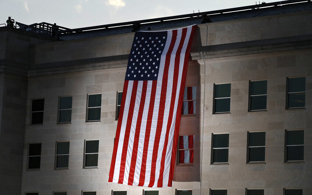 A US flag is unfurled at the Pentagon on the 16th anniversary of the September 11 attacks, on Monday, September 11, 2017. (AP/Jacquelyn Martin) A US flag is unfurled at the Pentagon on the 16th anniversary of the September 11 attacks, on Monday, September 11, 2017. (AP/Jacquelyn Martin)