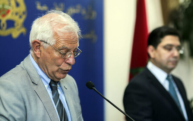 Then-Spanish foreign minister Josep Borrell, left, and Moroccan Foreign Minister Nasser Bourita, right, attend a press conference after holding talks during the former's visit to Rabat, Morocco, June 3, 2019. (AP Photo/Mosa'ab Elshamy) Then-Spanish foreign minister Josep Borrell, left, and Moroccan Foreign Minister Nasser Bourita, right, attend a press conference after holding talks during the former's visit to Rabat, Morocco, June 3, 2019. (AP Photo/Mosa'ab Elshamy)