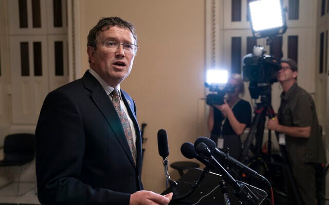 In this Tuesday, May 28, 2019 file photo, Rep. Thomas Massie, R-Ky., speaks to reporters at the Capitol after he blocked a unanimous consent vote on a long-awaited $19 billion disaster aid bill in the chamber. (AP Photo/J. Scott Applewhite, File) In this Tuesday, May 28, 2019 file photo, Rep. Thomas Massie, R-Ky., speaks to reporters at the Capitol after he blocked a unanimous consent vote on a long-awaited $19 billion disaster aid bill in the chamber. (AP Photo/J. Scott Applewhite, File)