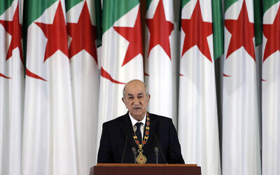 Algerian President Abdelmadjid Tebboune delivers a speech during an inauguration ceremony in the presidential palace, in Algiers, Algeria, December 19, 2019. (Toufik Doudou/AP)