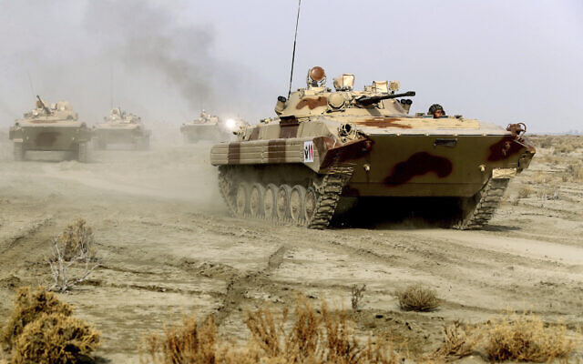 Illustrative: This photo released January 19, 2021, by the Iranian Army, shows tanks moving during a military drill. (Iranian Army via AP) Illustrative: This photo released January 19, 2021, by the Iranian Army, shows tanks moving during a military drill. (Iranian Army via AP)