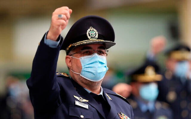 Then-deputy commander of Iran's army air force Gen. Hamid Vahedi chants slogan during a meeting of army's air force and air defense staff with Supreme Leader Ayatollah Ali Khamenei, in Tehran, Iran, on February 7, 2021. (Office of the Iranian Supreme Leader via AP)