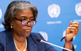 US Ambassador to the United Nations Linda Thomas-Greenfield during a news conference at United Nations headquarters, on March 1, 2021. (Mary Altaffer/AP)