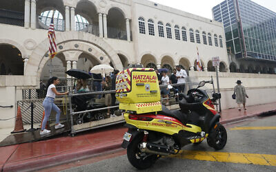 Illustrative: A scooter belonging to Hatzalah of South Florida, a volunteer emergency medical service organization serving mostly areas with Jewish communities, is shown parked outside the Shul of Bal Harbour, a Jewish community center in Surfside, Florida, June 14, 2021. (AP Photo/Wilfredo Lee)