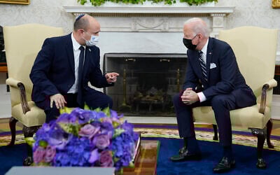 US President Joe Biden, right, meets with Prime Minister Naftali Bennett in the Oval Office of the White House, in Washington, August 27, 2021. (Evan Vucci/AP)
