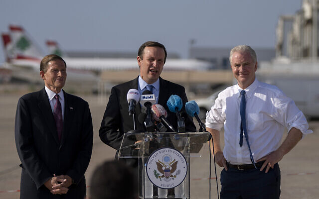 Sen. Chris Murphy, D-C.T., center, Sen. Chris Van Hollen, D-Md., right, and Sen. Richard Blumenthal, D-C.T., hold a press conference at the military airbase in Beirut airport, Lebanon, Wednesday, Sept. 1, 2021. A delegation of four U.S. senators visiting Lebanon promised to work on easing Lebanon's crippling economic crisis. They later traveled to Israel and Tunisia. (AP Photo/ Hassan Ammar) Sen. Chris Murphy, D-C.T., center, Sen. Chris Van Hollen, D-Md., right, and Sen. Richard Blumenthal, D-C.T., hold a press conference at the military airbase in Beirut airport, Lebanon, Wednesday, Sept. 1, 2021. A delegation of four U.S. senators visiting Lebanon promised to work on easing Lebanon's crippling economic crisis. They later traveled to Israel and Tunisia. (AP Photo/ Hassan Ammar)