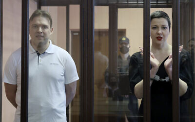 Belarus' opposition activists Maria Kolesnikova, right, and Maxim Znak attend a court hearing in Minsk, Belarus, September 6 2021. (Ramil Nasibulin/BelTA pool photo via AP)
