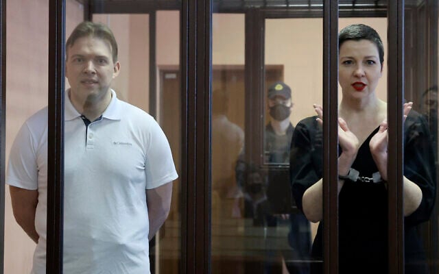 Belarus' opposition activists Maria Kolesnikova, right, and Maxim Znak attend a court hearing in Minsk, Belarus, September 6 2021. (Ramil Nasibulin/BelTA pool photo via AP) Belarus' opposition activists Maria Kolesnikova, right, and Maxim Znak attend a court hearing in Minsk, Belarus, September 6 2021. (Ramil Nasibulin/BelTA pool photo via AP)