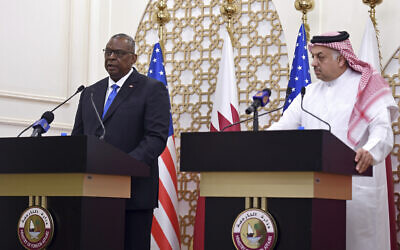 US Secretary of Defense Lloyd Austin speaks during a joint press conference with US Secretary of State Antony Blinken, Qatari Deputy Prime Minister and Foreign Minister Mohammed bin Abdulrahman al-Thani, and Qatari Defense Minister Khalid Bin Mohammed Al-Attiyah,  right, at the Ministry of Foreign Affairs in Doha, Qatar, September 7, 2021. (Olivier Douliery/Pool Photo via AP)