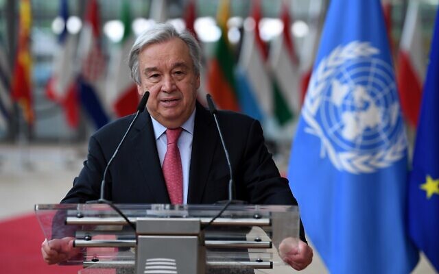 United Nations Secretary General Antonio Guterres addresses journalists during an EU summit at the European Council building in Brussels. on June 24, 2021. (John Thys, Pool Photo via AP, File)