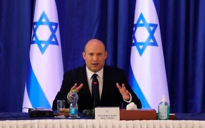 Prime Minister Naftali Bennett attends a cabinet meeting at the Foreign Ministry office in Jerusalem, September 12, 2021. (Abir Sultan/Pool Photo via AP)