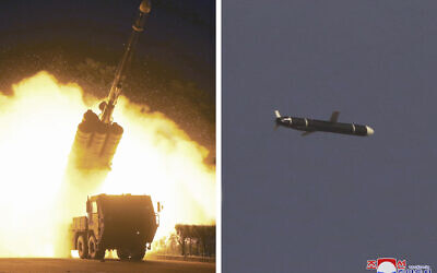 This combination of photos provided by the North Korean government on September 13, 2021, shows long-range cruise missiles tests held on September 11 -12, 2021 in an undisclosed location of North Korea. (Korean Central News Agency/Korea News Service via AP)