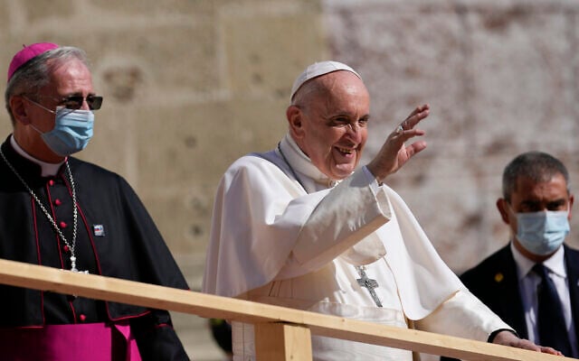 Pope Francis arrives at the Cathedral of Saint Martin, in Bratislava, Slovakia, Monday, Sept. 13, 2021. (AP Photo/Petr David Josek)
