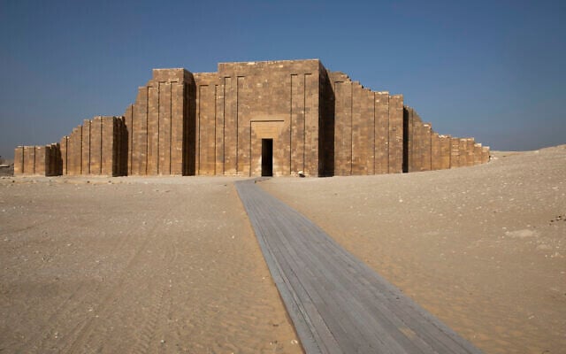 A path leads to the entrance of the southern cemetery of King Djoser, after its restoration, near the famed Step Pyramid, in Saqqara, south of Cairo, Egypt, September 14, 2021. (AP Photo/Nariman El-Mofty)