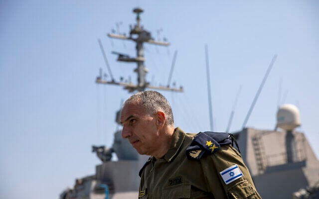 Vice Adm. Eli Sharvit arrives on board the Israeli Navy Ship Atzmaut in the Mediterranean Sea, September 1, 2021. (AP Photo/Ariel Schalit) Vice Adm. Eli Sharvit arrives on board the Israeli Navy Ship Atzmaut in the Mediterranean Sea, September 1, 2021. (AP Photo/Ariel Schalit)