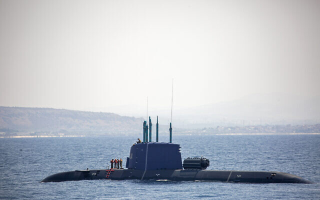An Israeli Navy submarine is seen near Israel's offshore Leviathan gas field in the Mediterranean Sea, September 1, 2021. (AP Photo/Ariel Schalit)
