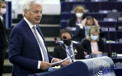 European Commissioner for Justice Didier Reynders speaks during a plenary session at the European Parliament in Strasbourg, France, September 15, 2021. (Yves Herman, Pool via AP)