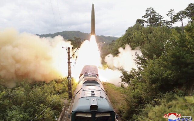 This photo provided by the North Korean government, on September 16, 2021, shows a missile test firing launched from a train on September 15, 2021 in an undisclosed location of North Korea (Korean Central News Agency/Korea News Service via AP) This photo provided by the North Korean government, on September 16, 2021, shows a missile test firing launched from a train on September 15, 2021 in an undisclosed location of North Korea (Korean Central News Agency/Korea News Service via AP)