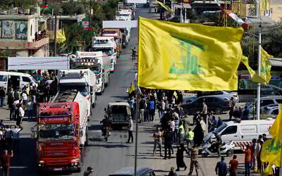 A convoy of tanker trucks carrying Iranian diesel across the border from Syria into Lebanon arrives at the eastern town of al-Ain, Lebanon, on September 16, 2021. (AP Photo/Bilal Hussein)