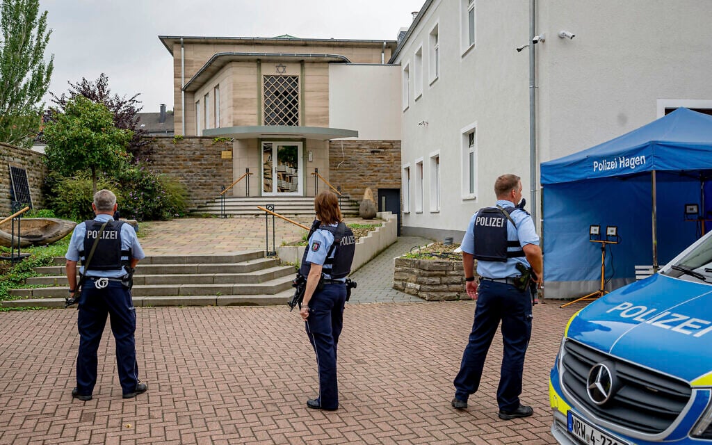 Police officers on guard in front of the entrance to the Jewish Community building in Hagen, Germany, on Thursday, September 16, 2021. (Henning Kaiser/dpa via AP) Police officers on guard in front of the entrance to the Jewish Community building in Hagen, Germany, on Thursday, September 16, 2021. (Henning Kaiser/dpa via AP)