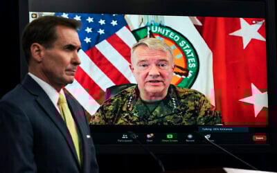In this Aug. 30, 2021, file photo Gen. Frank McKenzie, Commander of US Central Command, appears on screen as he speaks from MacDill Air Force Base, in Tampa, Fla., as he speaks about Afghanistan during a virtual briefing moderated by Pentagon spokesman John Kirby at the Pentagon in Washington. (AP/Manuel Balce Ceneta, File)