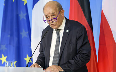 In this Friday, Sept. 10, 2021 file photo, French Foreign Minister Jean-Yves Le Drian speaks in Weimar, Germany. France said late Friday, Sept. 17 it was immediately recalling its ambassadors to the US and Australia after Australia scrapped a big French conventional submarine purchase in favor of nuclear subs built with U.S. technology. (Jens Schlueter/Pool Photo via AP, file)