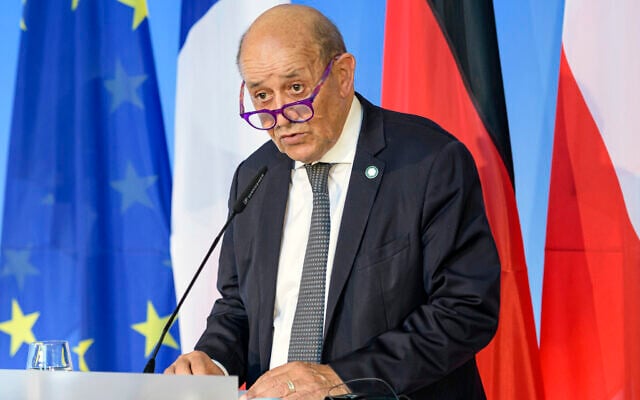 In this Friday, Sept. 10, 2021 file photo, French Foreign Minister Jean-Yves Le Drian speaks in Weimar, Germany. France said late Friday, Sept. 17 it was immediately recalling its ambassadors to the US and Australia after Australia scrapped a big French conventional submarine purchase in favor of nuclear subs built with U.S. technology. (Jens Schlueter/Pool Photo via AP, file) In this Friday, Sept. 10, 2021 file photo, French Foreign Minister Jean-Yves Le Drian speaks in Weimar, Germany. France said late Friday, Sept. 17 it was immediately recalling its ambassadors to the US and Australia after Australia scrapped a big French conventional submarine purchase in favor of nuclear subs built with U.S. technology. (Jens Schlueter/Pool Photo via AP, file)