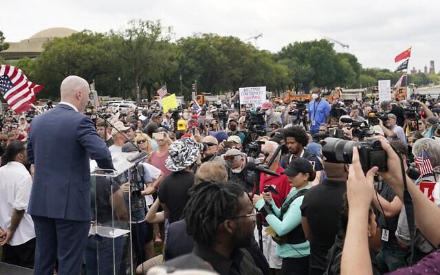 Matt Braynard, the organizer behind the rally and a former Trump campaign staffer, speaks during the rally near the US Capitol in Washington, on September 18, 2021. (AP Photo/Alex Brandon)
