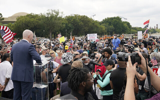 Matt Braynard, the organizer behind the rally and a former Trump campaign staffer, speaks during the rally near the US Capitol in Washington, Saturday, Sept. 18, 2021. (AP/Alex Brandon)