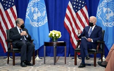 US President Joe Biden meets with United Nations Secretary General Antonio Guterres at the Intercontinental Barclay Hotel during the United Nations General Assembly, Monday, Sept. 20, 2021, in New York. (AP Photo/Evan Vucci)