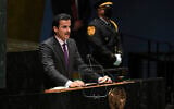 Sheikh Tamim bin Hamad Al Thani, Emir of Qatar, addresses the 76th Session of the UN General Assembly at United Nations headquarters in New York, on Tuesday, Sept. 21, 2021 (Timothy A. Clary/Pool Photo via AP)