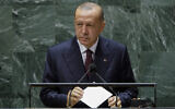 Turkish President Recep Tayyip Erdogan addresses the 76th Session of the United Nations General Assembly, on September 21, 2021, at the UN headquarters. (Eduardo Munoz/Pool Photo via AP)