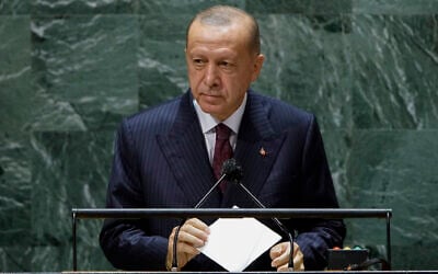 Turkish President Recep Tayyip Erdogan addresses the 76th Session of the United Nations General Assembly, on September 21, 2021, at the UN headquarters. (Eduardo Munoz/Pool Photo via AP)