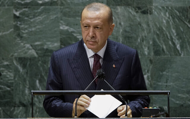 Turkish President Recep Tayyip Erdogan addresses the 76th Session of the United Nations General Assembly, on September 21, 2021, at the UN headquarters. (Eduardo Munoz/Pool Photo via AP) Turkish President Recep Tayyip Erdogan addresses the 76th Session of the United Nations General Assembly, on September 21, 2021, at the UN headquarters. (Eduardo Munoz/Pool Photo via AP)
