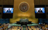 South Africa's President Matamela Cyril Ramaphosa delivers a prerecorded address to a high-level meeting to commemorate the twentieth anniversary of the adoption of the Durban Declaration during the 76th Session of the UN General Assembly at United Nations headquarters in New York, on September 22, 2021.  (Justin Lane/Pool Photo via AP)
