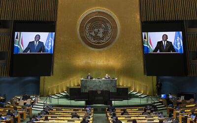 South Africa's President Matamela Cyril Ramaphosa delivers a prerecorded address to a high-level meeting to commemorate the twentieth anniversary of the adoption of the Durban Declaration during the 76th Session of the UN General Assembly at United Nations headquarters in New York, on September 22, 2021.  (Justin Lane/Pool Photo via AP)