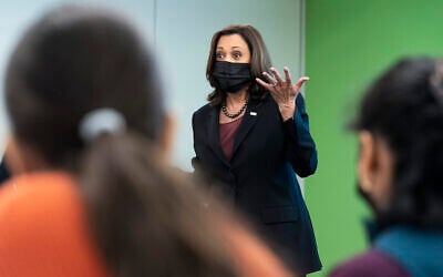 US Vice President Kamala Harris speaks to students about voting rights, at George Mason University in Fairfax, Virginia, September 28, 2021. (AP Photo/Jacquelyn Martin)