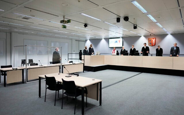 Illustrative -- The chairman judge Dominik Gross, third from right, arrives with the judge for a trial against a 96-year-old former secretary for the SS commander of the Stutthof concentration at the Landgericht Itzehoe court in Itzehoe, Thursday, Sept. 30, 2021. (AP Photo/Markus Schreiber, Pool) Illustrative -- The chairman judge Dominik Gross, third from right, arrives with the judge for a trial against a 96-year-old former secretary for the SS commander of the Stutthof concentration at the Landgericht Itzehoe court in Itzehoe, Thursday, Sept. 30, 2021. (AP Photo/Markus Schreiber, Pool)