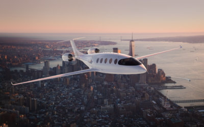 A rendering of the Alice all-electric plane by Eviation Aircraft mid-flight, August 2021. (Eviation)